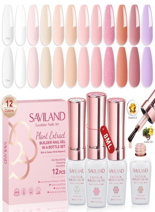 SAVILAND Gel Builder Set: 12 Translucent Colors Castor Oil Builder in a Bottle Vitamin E Hard Gel for Nails Extension Strengthener as Gifts for Women Home DIY Salon Nail Care Repair - Image 1
