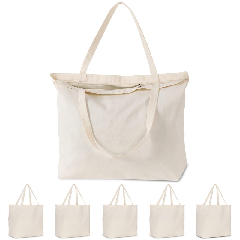Koolmox Koolmox Tote Bag Bulk with Zipper  6-Pack 22x16x7.8'' Beige Tote Bag  12Oz Durable Grocery Tote with Reinforced Handles and Wide Bottom for Grocery Shopping Bags Washable and Reusable Carry All Bags  - Image 1