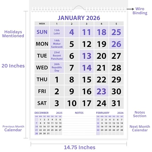 LAURET BLANC 2026 Wall Calendar -14.75" X 20" for Home & Office, Holidays Mentioned, 150GSM Art Paper, (I) - Image 2
