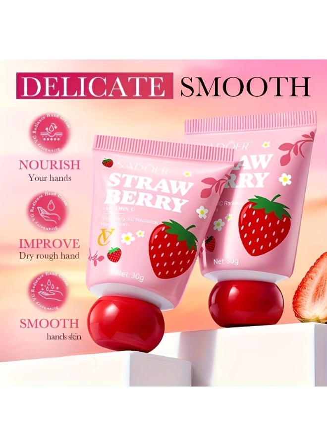 SADOER 2Pcs Strawberry VC Radiant Hand Cream Hydrating Hand Care Fresh Fruit Scent Mini Portable Daily Skincare  VC Brightening Hand Cream  Vitamin C Brightening Hand Cream 30g - Image 2