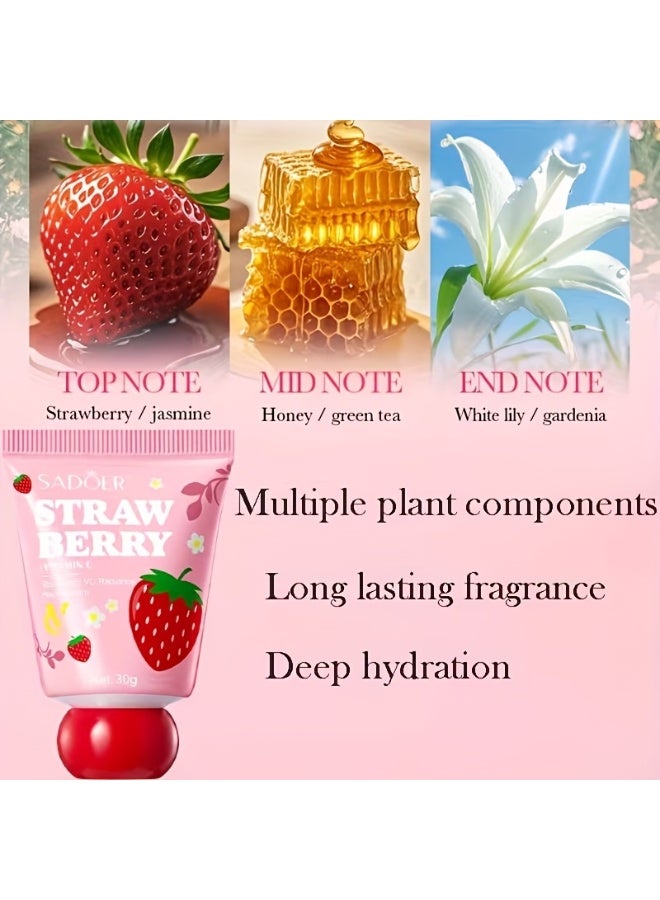 SADOER 2Pcs Strawberry VC Radiant Hand Cream Hydrating Hand Care Fresh Fruit Scent Mini Portable Daily Skincare  VC Brightening Hand Cream  Vitamin C Brightening Hand Cream 30g - Image 4