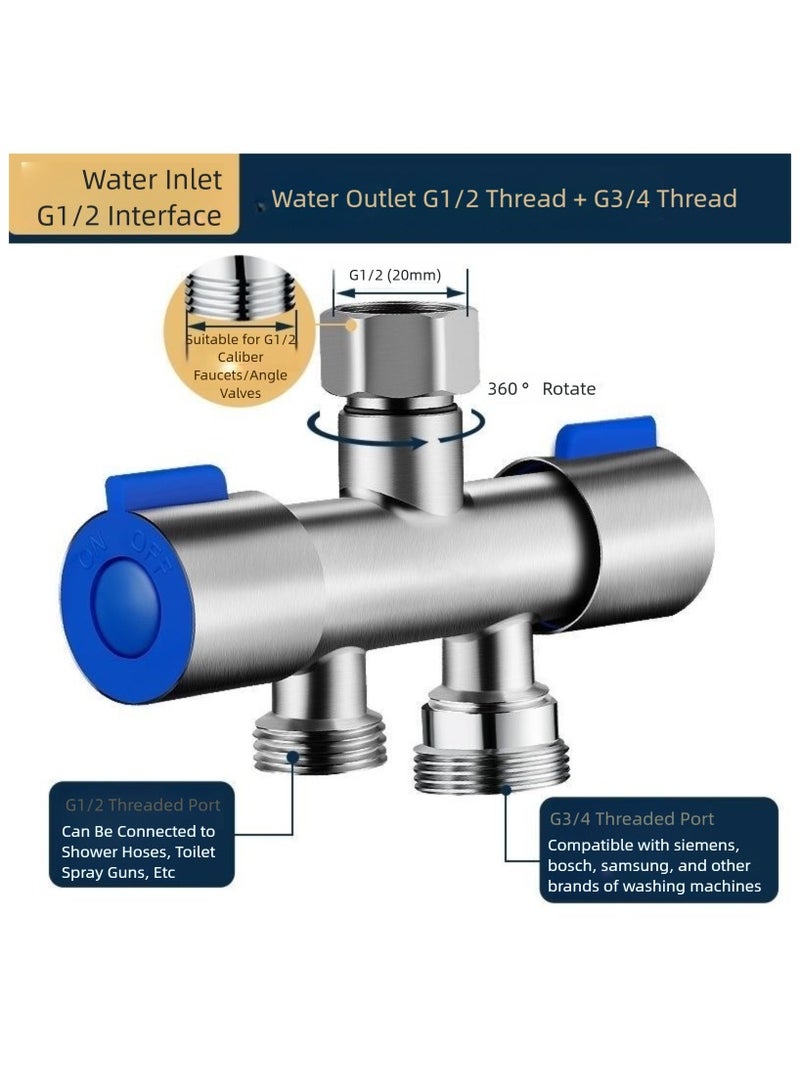 Faucet angle valve, 1 point 2 stainless steel water valve, double-connected toilet bathroom, 3-way angle valve faucet - Chrome-plated brass water diverter with G1/2 inch water inlet, G3/4 outlet - Durable shut-off valve for bathroom and kitchen faucet - Image 4