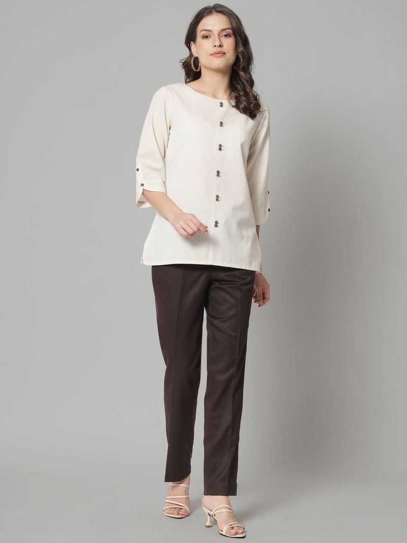 Powersutra Beige Cotton Linen Top for Women - Image 1