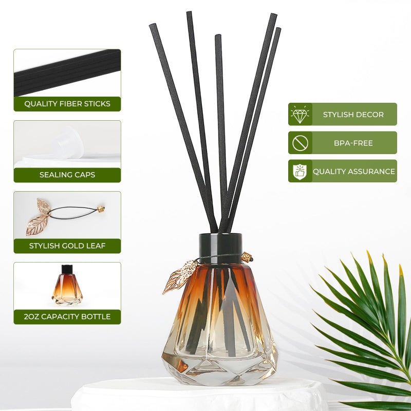 TRIFOLIC Reed Diffuser Set - 4 Empty Bottles with 20 Sticks, Delicate Gold Leaf Decor, Glass Fragrance Diffuser with Lids for Home, Bathroom | Refillable, Diamond Style (4 PCS Black) - Image 3