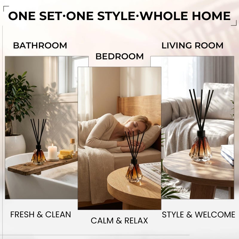 TRIFOLIC Reed Diffuser Set - 4 Empty Bottles with 20 Sticks, Delicate Gold Leaf Decor, Glass Fragrance Diffuser with Lids for Home, Bathroom | Refillable, Diamond Style (4 PCS Black) - Image 2