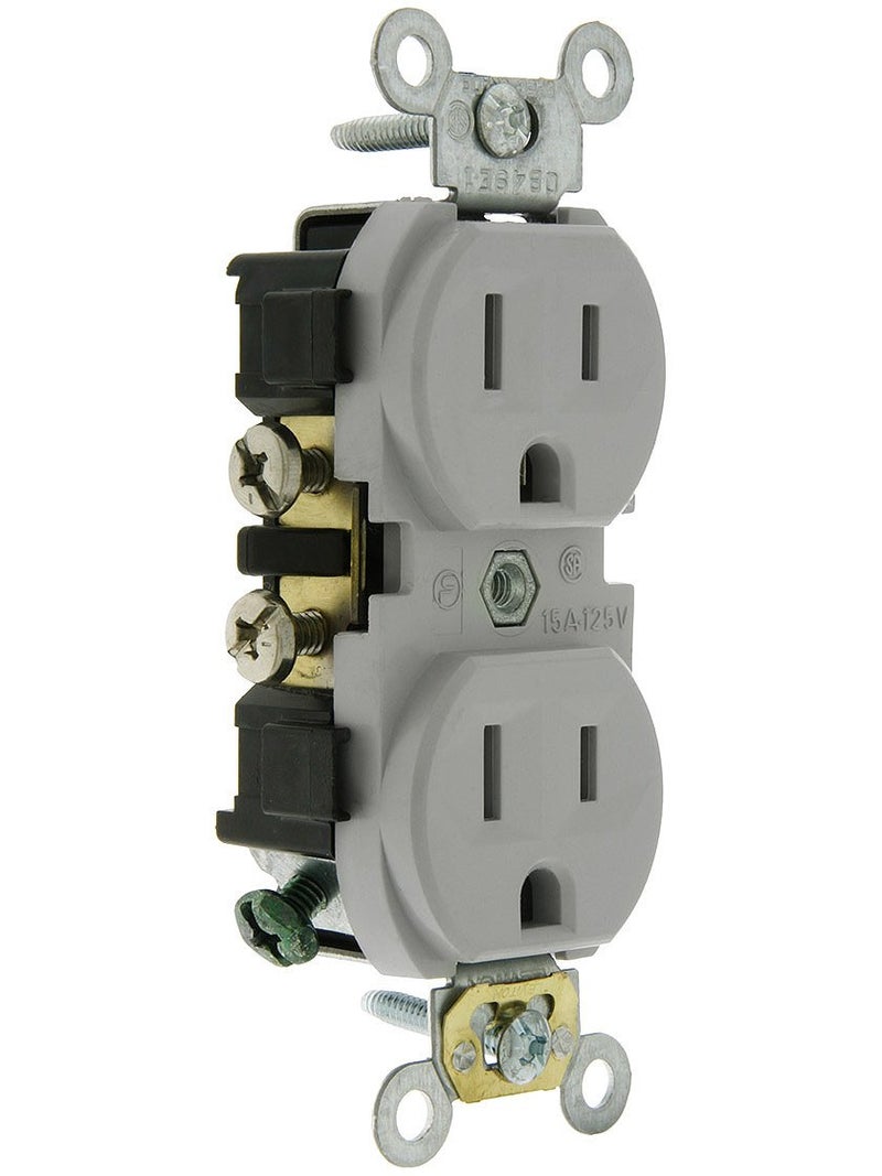 Leviton مقبس مزدوج ضيق 15 أمبير، 125 فولت، شفرات مستقيمة، درجة تجارية، تأريض ذاتي، موصل جانبي، CR15-GY، رمادي - Image 2