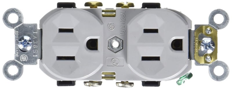 Leviton مقبس مزدوج ضيق 15 أمبير، 125 فولت، شفرات مستقيمة، درجة تجارية، تأريض ذاتي، موصل جانبي، CR15-GY، رمادي - Image 1