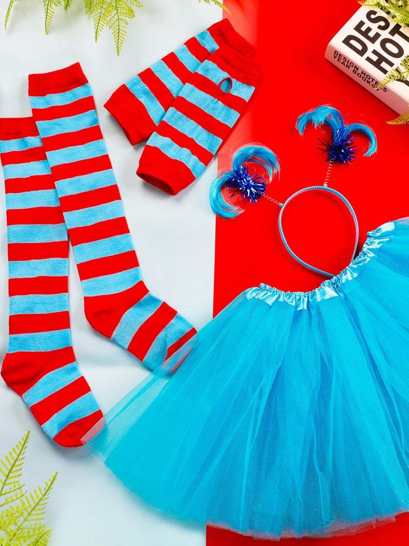Luces Blue Tutu Cosplay Set, 4PCS Tulle Tutu Skirt Ponytail Headbands Blue Red Striped Gloves High Knee Socks Girl Costume - Image 5
