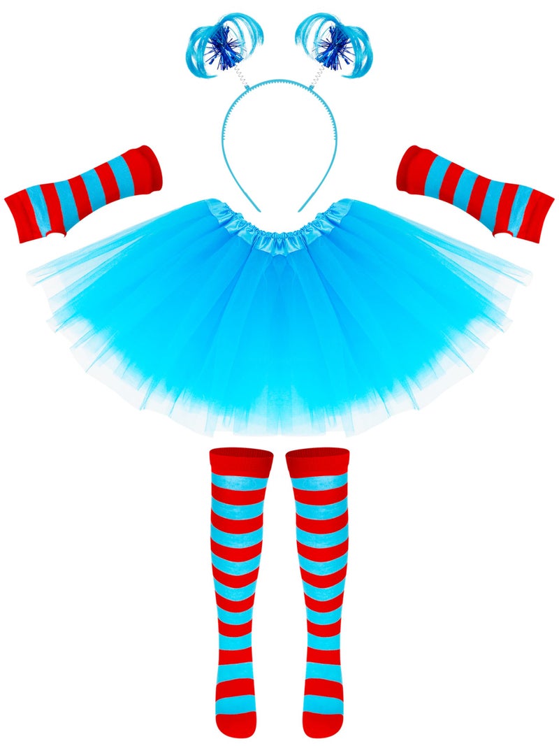 Luces Blue Tutu Cosplay Set, 4PCS Tulle Tutu Skirt Ponytail Headbands Blue Red Striped Gloves High Knee Socks Girl Costume - Image 1