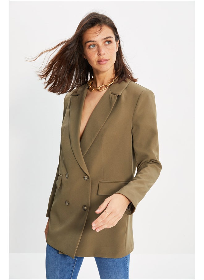 Light Khaki Oversized Woven Blazer Jacket with Lined and Button TWOAW22CE0167