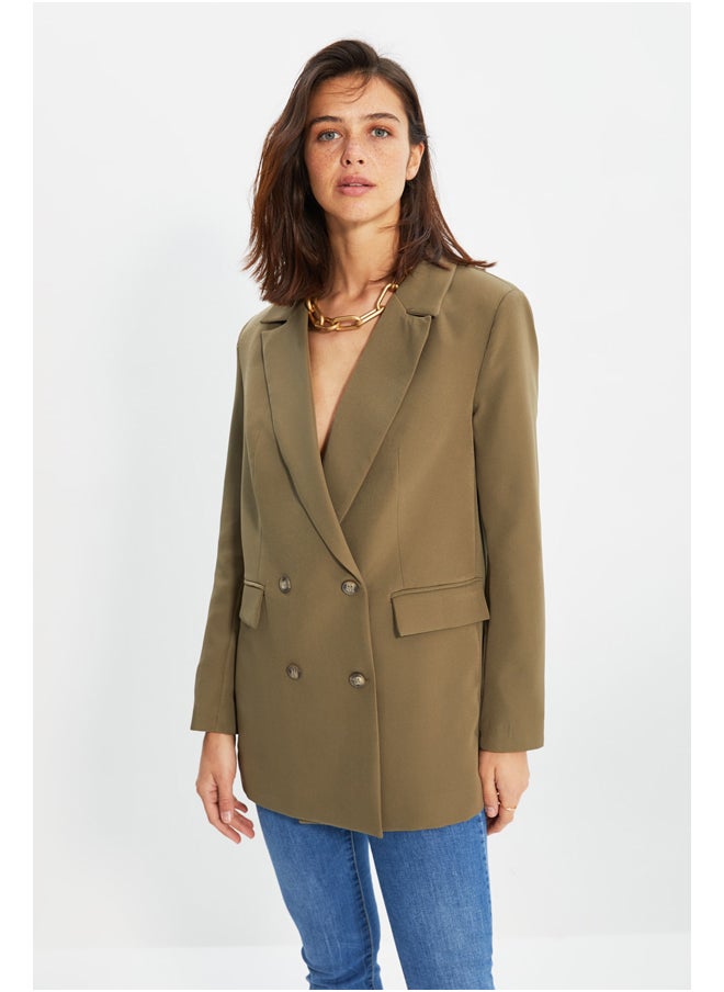 Light Khaki Oversized Woven Blazer Jacket with Lined and Button TWOAW22CE0167