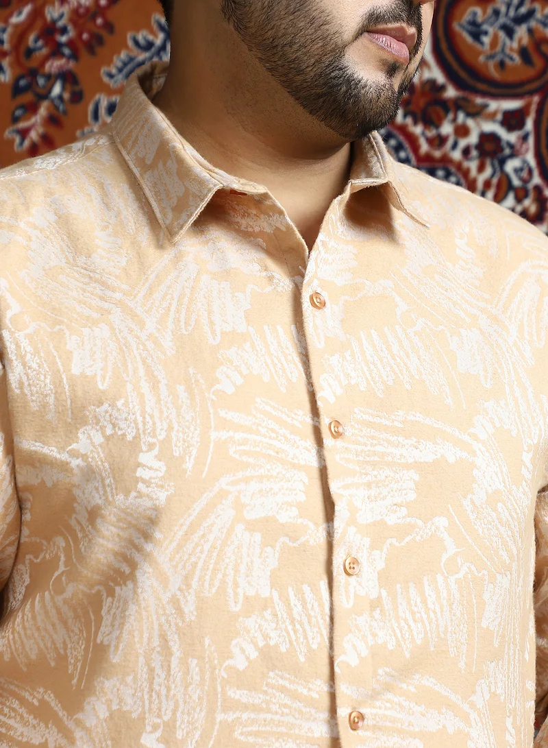 Instafab Plus Instafab Plus Men's Buff Beige Inkline-Imprint Shirt For Casual Wear | Spread Collar | Long Cuffed Sleeves | Button Closure | Plus Size Shirt Crafted With Comfort Fit For Everyday Wear