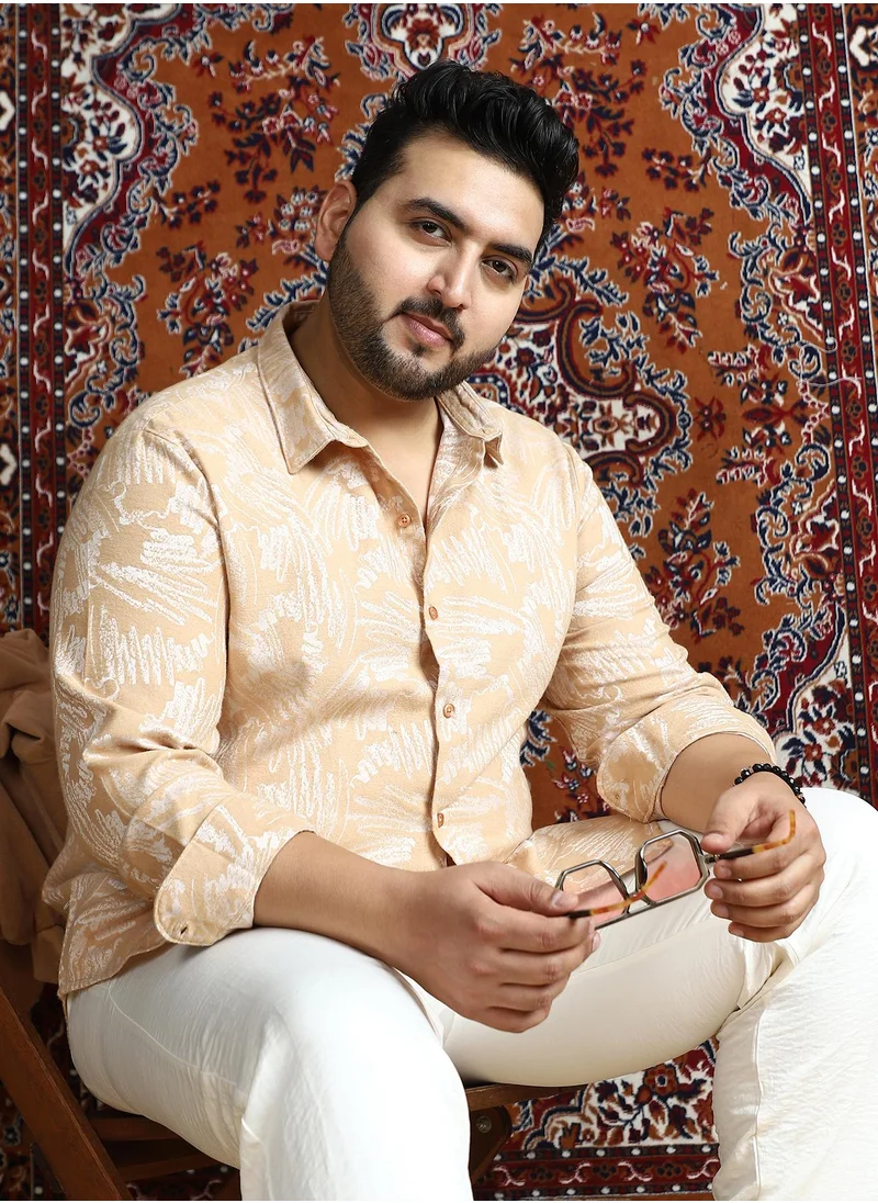 انستافاب بلس Instafab Plus Men's Buff Beige Inkline-Imprint Shirt For Casual Wear | Spread Collar | Long Cuffed Sleeves | Button Closure | Plus Size Shirt Crafted With Comfort Fit For Everyday Wear