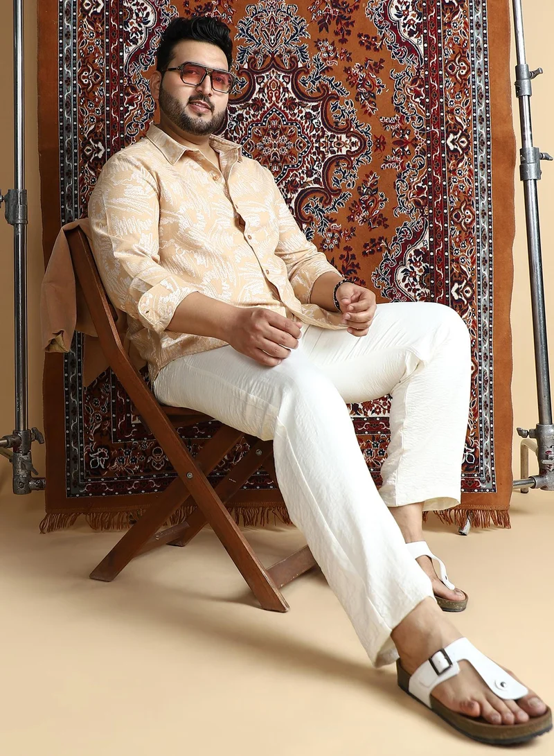 Instafab Plus Instafab Plus Men's Buff Beige Inkline-Imprint Shirt For Casual Wear | Spread Collar | Long Cuffed Sleeves | Button Closure | Plus Size Shirt Crafted With Comfort Fit For Everyday Wear