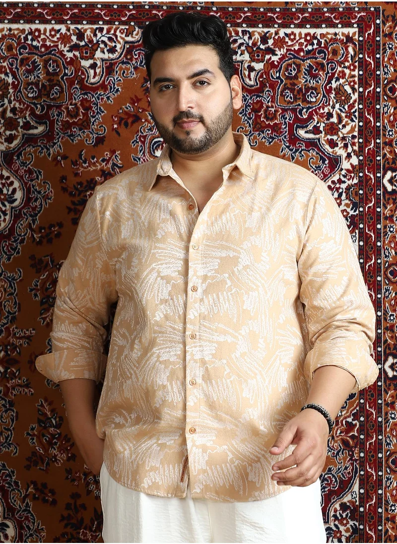 انستافاب بلس Instafab Plus Men's Buff Beige Inkline-Imprint Shirt For Casual Wear | Spread Collar | Long Cuffed Sleeves | Button Closure | Plus Size Shirt Crafted With Comfort Fit For Everyday Wear