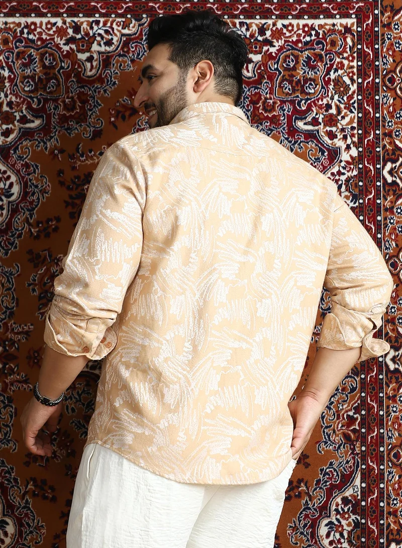 Instafab Plus Instafab Plus Men's Buff Beige Inkline-Imprint Shirt For Casual Wear | Spread Collar | Long Cuffed Sleeves | Button Closure | Plus Size Shirt Crafted With Comfort Fit For Everyday Wear