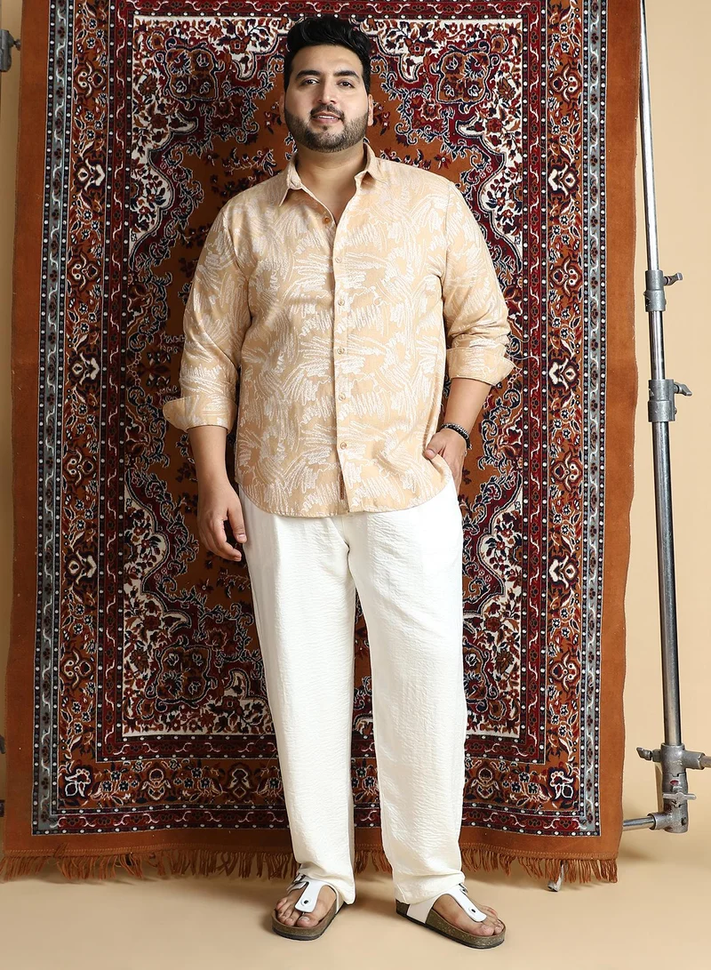 Instafab Plus Instafab Plus Men's Buff Beige Inkline-Imprint Shirt For Casual Wear | Spread Collar | Long Cuffed Sleeves | Button Closure | Plus Size Shirt Crafted With Comfort Fit For Everyday Wear