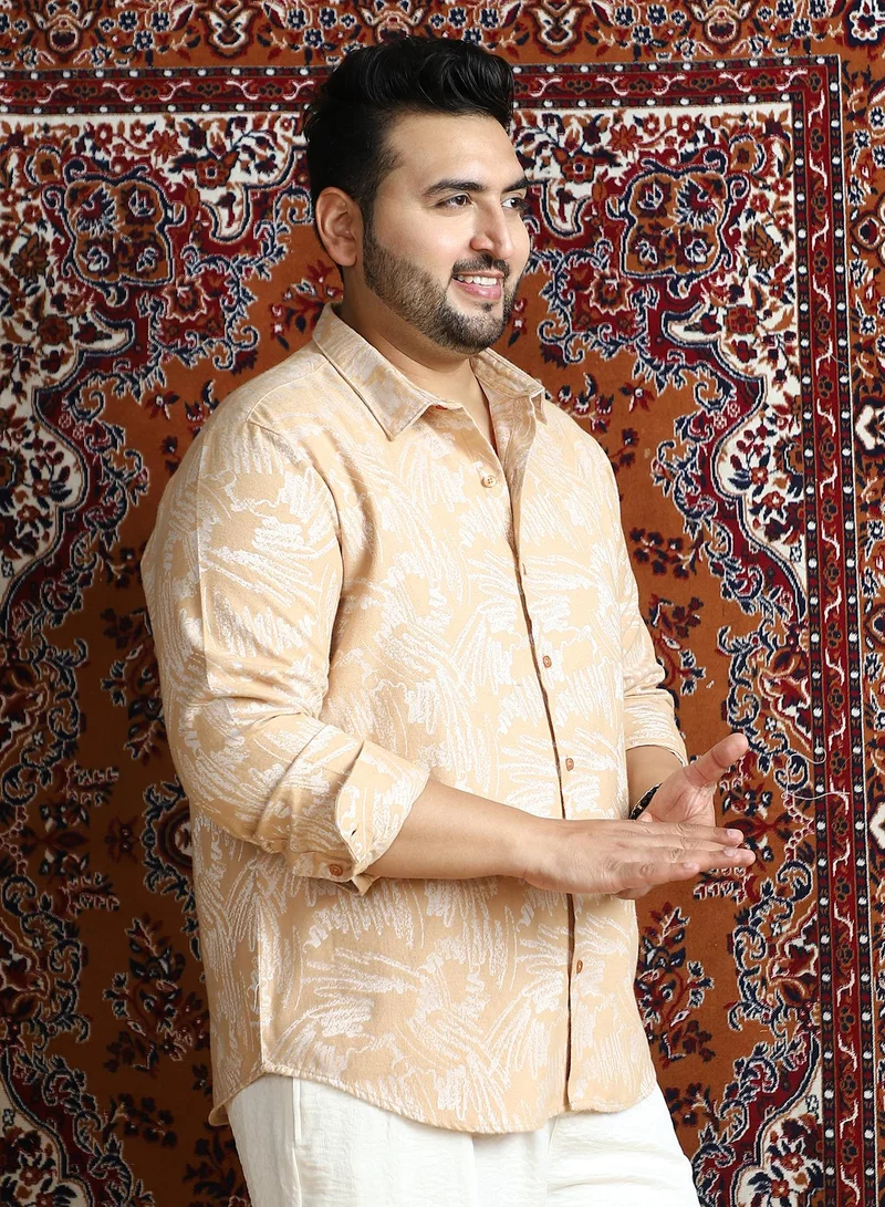 Instafab Plus Instafab Plus Men's Buff Beige Inkline-Imprint Shirt For Casual Wear | Spread Collar | Long Cuffed Sleeves | Button Closure | Plus Size Shirt Crafted With Comfort Fit For Everyday Wear