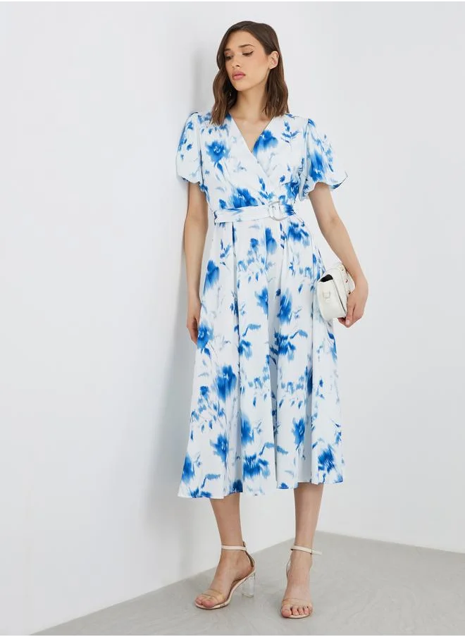 Take Two Take Two Puff Sleeves Floral Print V-Neck Belted Midi Dress
