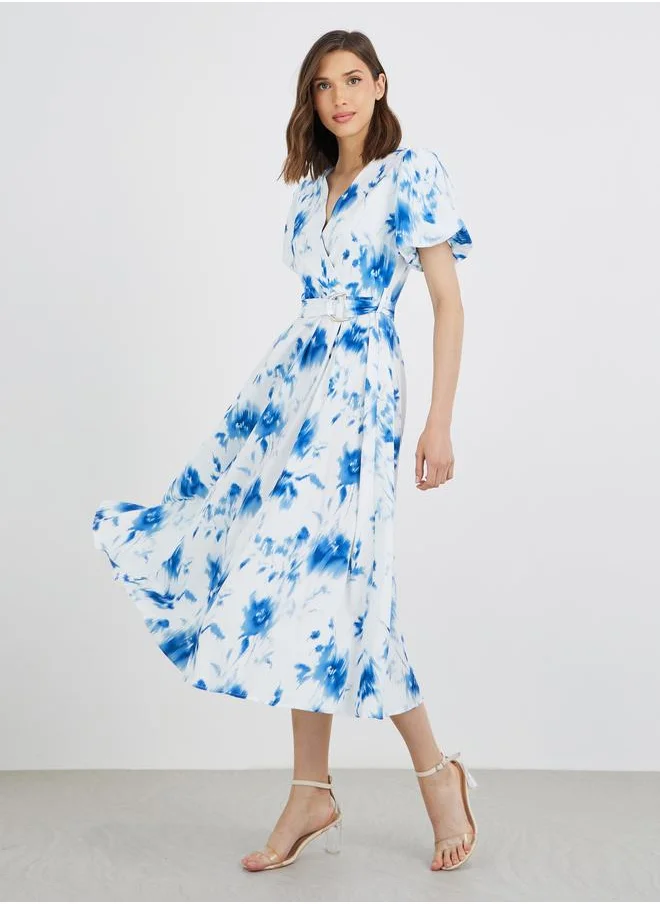 Take Two Take Two Puff Sleeves Floral Print V-Neck Belted Midi Dress