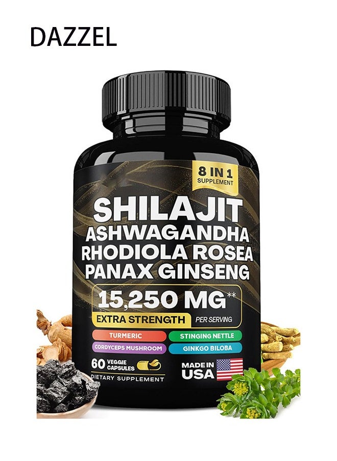 DAZZEL Shilajit  ashwagaandha rhodiola rosea panax ginseng 15250 mg extra strength turmeric stinging nettle cordyceps mushroom ginkgo biloba 60 veggie capsules dietary supplement  - Image 1