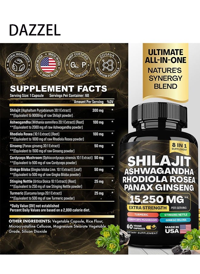 DAZZEL Shilajit  ashwagaandha rhodiola rosea panax ginseng 15250 mg extra strength turmeric stinging nettle cordyceps mushroom ginkgo biloba 60 veggie capsules dietary supplement  - Image 2