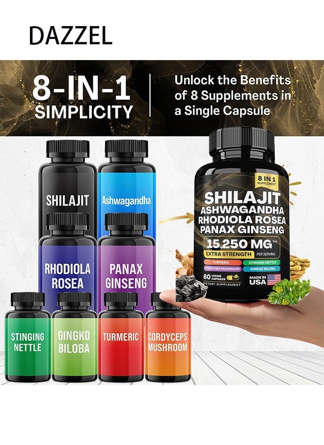 DAZZEL Shilajit  ashwagaandha rhodiola rosea panax ginseng 15250 mg extra strength turmeric stinging nettle cordyceps mushroom ginkgo biloba 60 veggie capsules dietary supplement  - Image 3