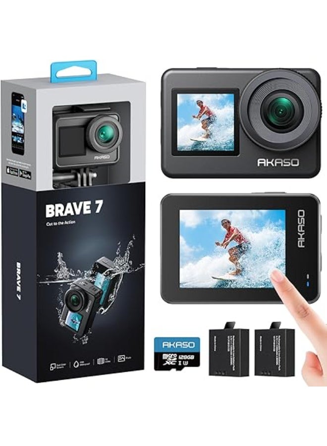 أكاسو AKASO Brave 7 كاميرا أكشن 4K بدقة 30FPS، 20MP، مقاومة للماء IPX8، شاشة لمس، تحكم صوتي، WiFi، زوم، كارت microSDXC U3 سعة 128GB، بطاريتان 1350mAh - Image 1
