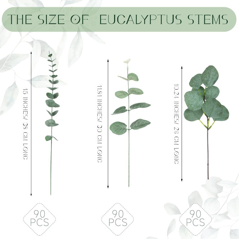 Giegxin 270 Pcs 3 Kinds Mixed Artificial Eucalyptus Leaves Stems Bulk Silver Dollar Leaves Picks Dried Eucalyptus Bundle Faux Spray for Wedding Vase Bouquet Floral Arrangement (Green) - Image 2