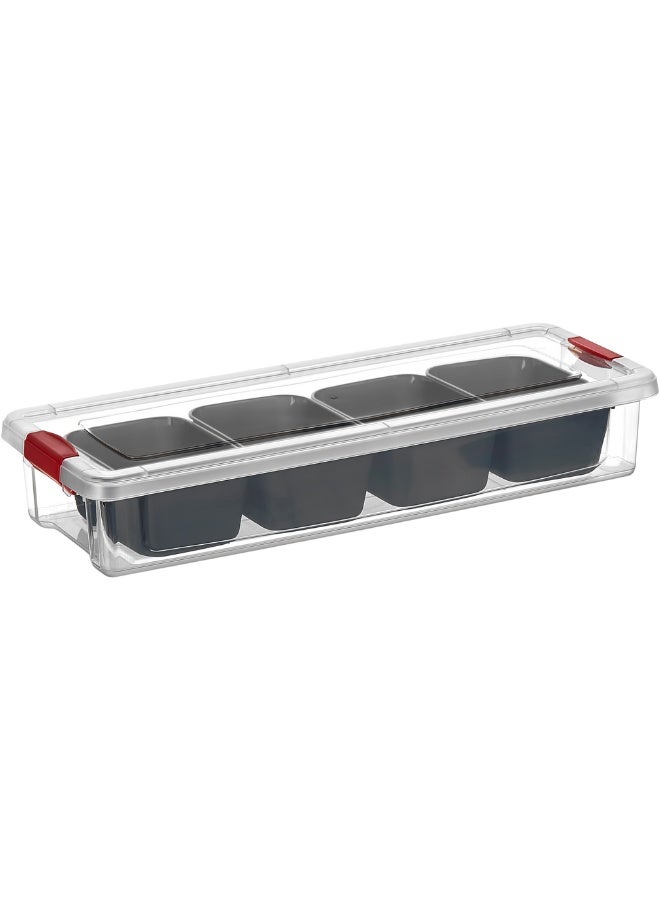 Rectangular plastic organizer box with a capacity of 2.3 liters and measuring 37.5X14.5x6.5 Cm. This storage box features a lid and internal dividers, making it ideal for organizing kitchen utensils, tableware, spices, nuts, small toys, office supplies, pantry items, and cupboards. The sturdy and practical plastic box keeps all your belongings organized and easily accessible. Its durable, high-quality design helps maintain a clean and tidy home. - Image 3