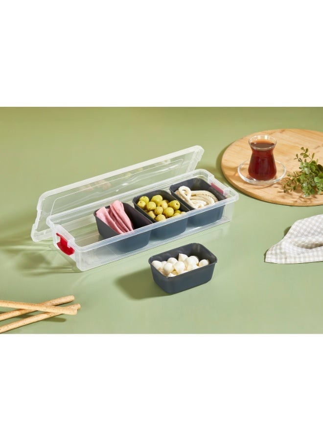 Rectangular plastic organizer box with a capacity of 2.3 liters and measuring 37.5X14.5x6.5 Cm. This storage box features a lid and internal dividers, making it ideal for organizing kitchen utensils, tableware, spices, nuts, small toys, office supplies, pantry items, and cupboards. The sturdy and practical plastic box keeps all your belongings organized and easily accessible. Its durable, high-quality design helps maintain a clean and tidy home. - Image 4