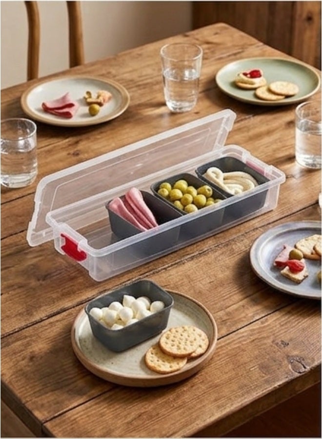 Rectangular plastic organizer box with a capacity of 2.3 liters and measuring 37.5X14.5x6.5 Cm. This storage box features a lid and internal dividers, making it ideal for organizing kitchen utensils, tableware, spices, nuts, small toys, office supplies, pantry items, and cupboards. The sturdy and practical plastic box keeps all your belongings organized and easily accessible. Its durable, high-quality design helps maintain a clean and tidy home. - Image 5