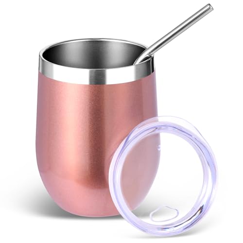 Volhoply 12oz Stainless Steel Wine Tumbler with Lid and StrawDouble Wall Vacuum Insulated Stemless Wine GlassesReusable Travel Coffe Mug for Cold DrinksTumblers Gifts for Women MenRose Gold1 Set - Image 1