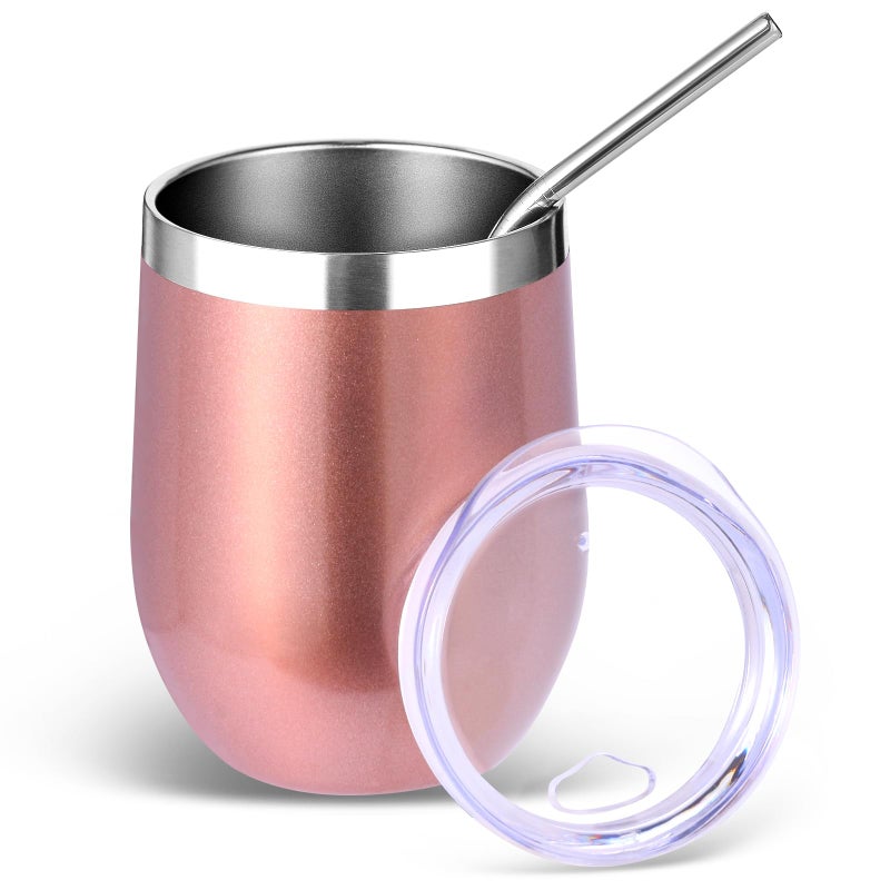 Volhoply 12oz Stainless Steel Wine Tumbler with Lid and StrawDouble Wall Vacuum Insulated Stemless Wine GlassesReusable Travel Coffe Mug for Cold DrinksTumblers Gifts for Women MenRose Gold1 Set - Image 2
