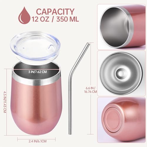 Volhoply 12oz Stainless Steel Wine Tumbler with Lid and StrawDouble Wall Vacuum Insulated Stemless Wine GlassesReusable Travel Coffe Mug for Cold DrinksTumblers Gifts for Women MenRose Gold1 Set - Image 3