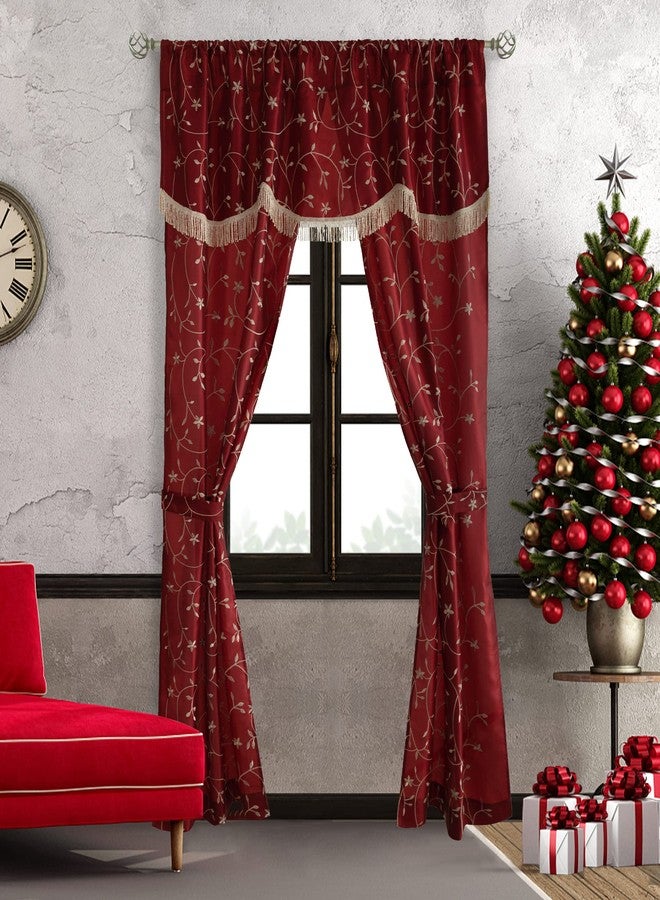 Randall Christmas Floral Sheer Curtain Panel Set with Attached Valance Botanical Embroidery Taffeta- 2 Panels+1 Valance with Tassel and 2 Tiebacks for Bedroom Living Room (Rod Pocket, 27"×84", Red) - Image 1