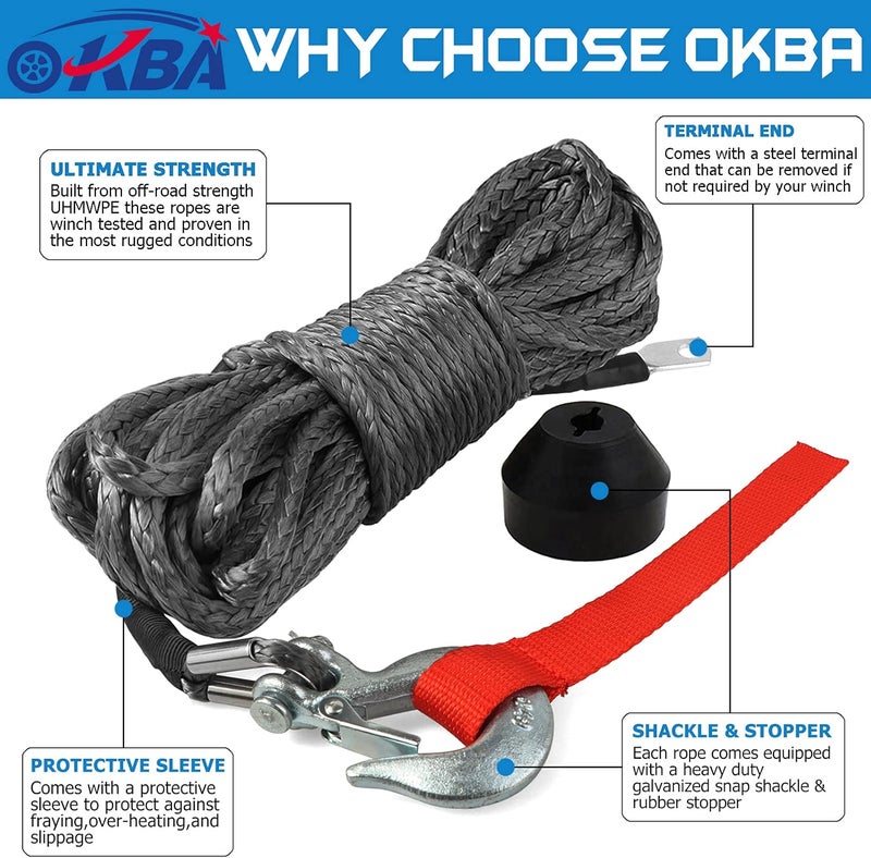 OKBA Synthetic Winch Rope Cable Kit 1/4" x 50' - 10000LBS Winch Line Rope with Protective Sleeve + Hook + Rubber Stopper for 4x4 Off Road Vehicle ATV UTV Polaris UTV - Image 3