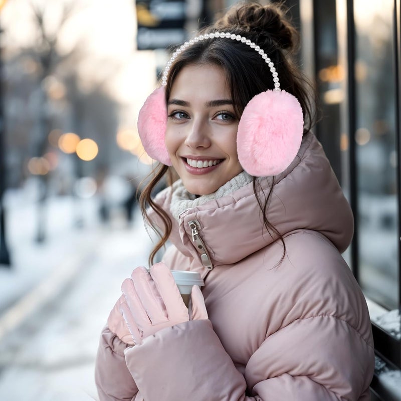 RONRONS Women Soft Plush Earmuffs Outdoor Warmers with Pearl Headband - Image 2