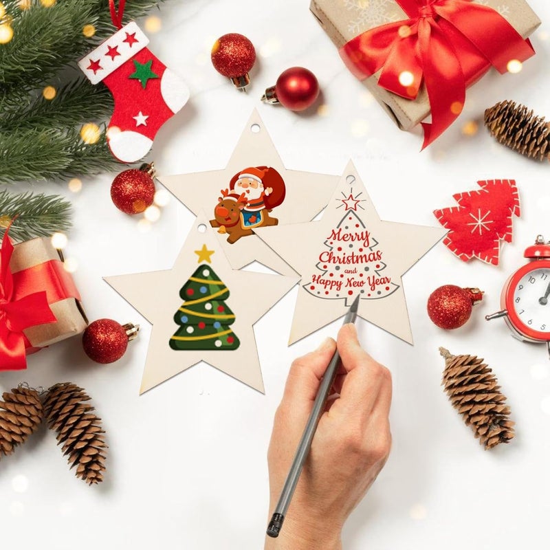 Tmflexe 50Pcs Unfinished Wooden Stars Ornanents Independent Christmas Decoration Present Xmas Tree Hanging Wood Slices for Kids DIY Art Crafts Stars Wedding Party Decor - Image 3