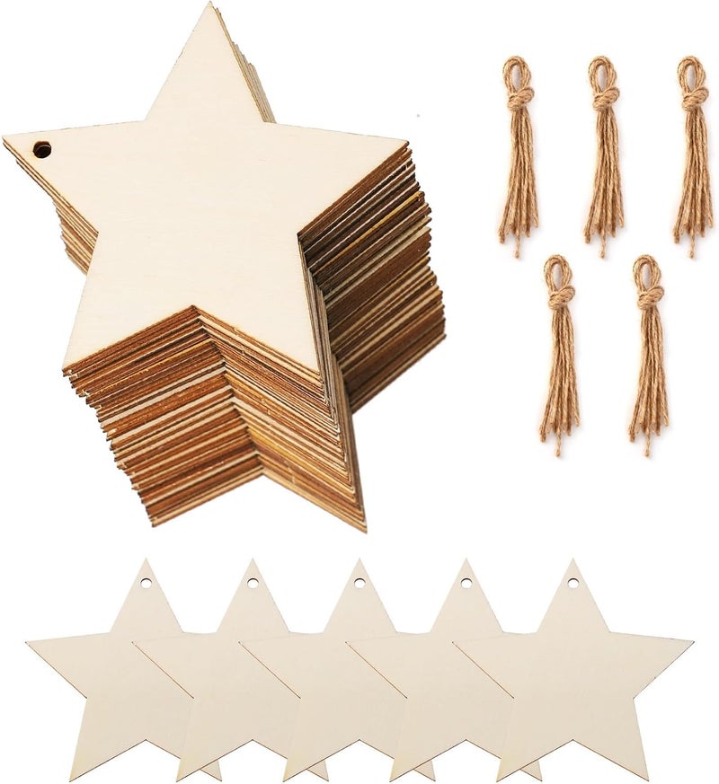 Tmflexe 50Pcs Unfinished Wooden Stars Ornanents Independent Christmas Decoration Present Xmas Tree Hanging Wood Slices for Kids DIY Art Crafts Stars Wedding Party Decor - Image 1