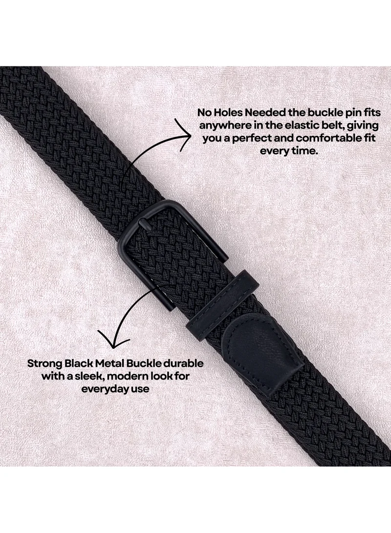 Classic Milano Black (DWE-317) Classic Milano Braided Cotton Elastic Stretch Belt for Men & Women, Woven Canvas Web Belt with Gift Box, Adjustable Men's Belt | Full Length: 110CM (Free Size - Fits up to the waist of 40 Inches / 100 CM)  | Best Price UAE