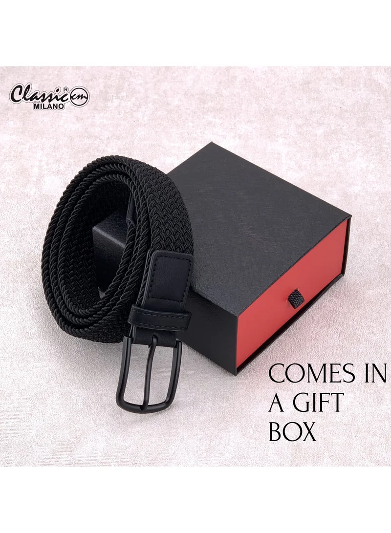 Classic Milano Black (DWE-317) Classic Milano Braided Cotton Elastic Stretch Belt for Men & Women, Woven Canvas Web Belt with Gift Box, Adjustable Men's Belt | Full Length: 110CM (Free Size - Fits up to the waist of 40 Inches / 100 CM)  | Best Price UAE