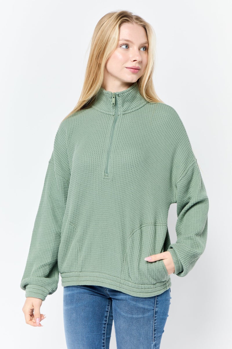 Aerie Women High Neck Knitted Sweater, Olive - Image 1