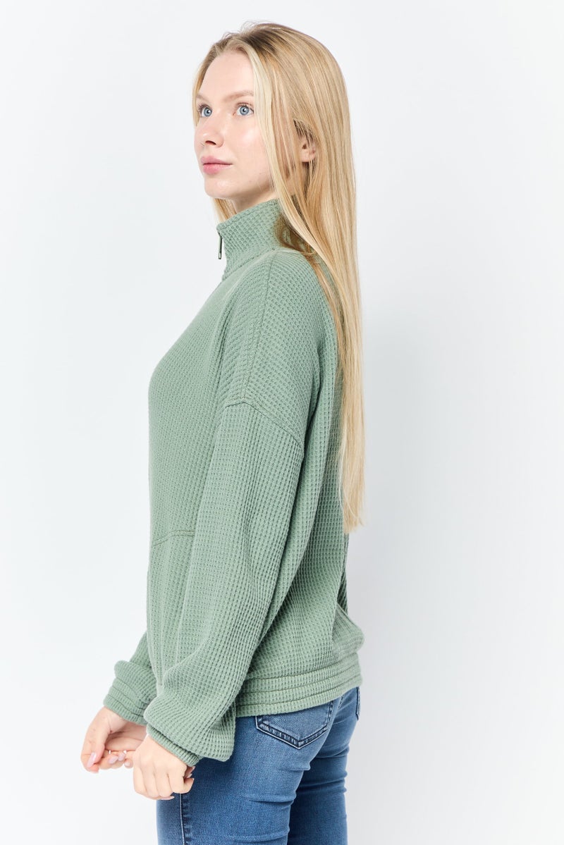 Aerie Women High Neck Knitted Sweater, Olive - Image 3