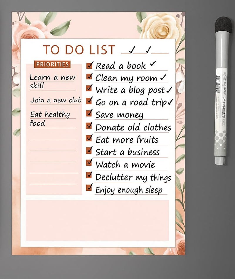 AccuPrints A4 Floral to-Do List Notepad with Priority Section (23x30cm) or 9x12 inch with Magnetic Marker Pen - Dry Erase Flexible Writing Film for Kitchen Fridge/Office Godrej/Metal Wardrobe - Image 2