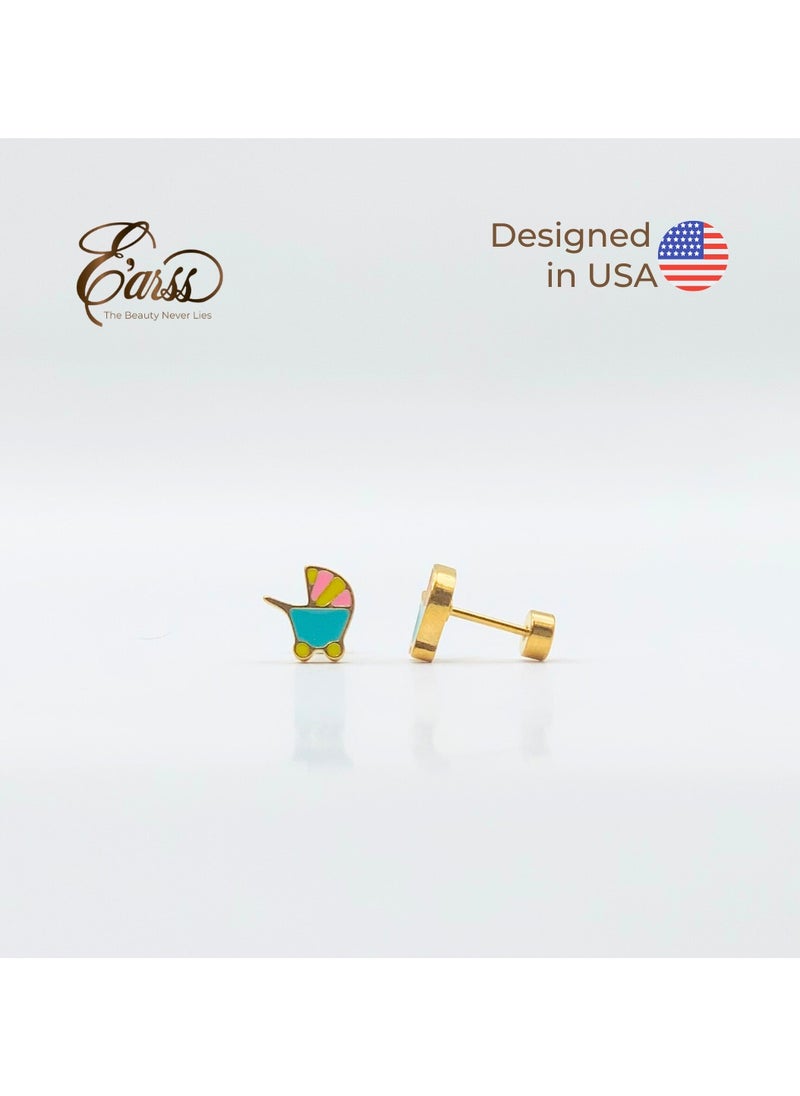 Earss Shopping Cart Stud Earrings For Kids, Gold Plated  - Image 2