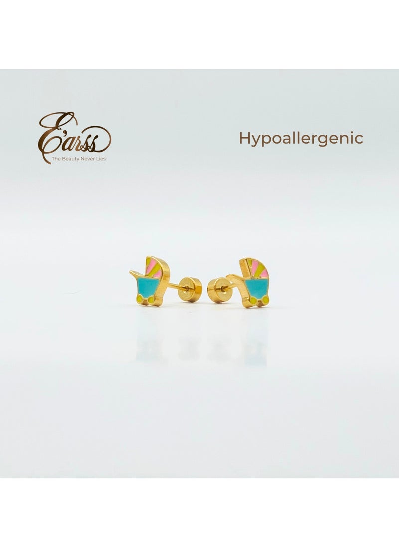 Earss Shopping Cart Stud Earrings For Kids, Gold Plated  - Image 3