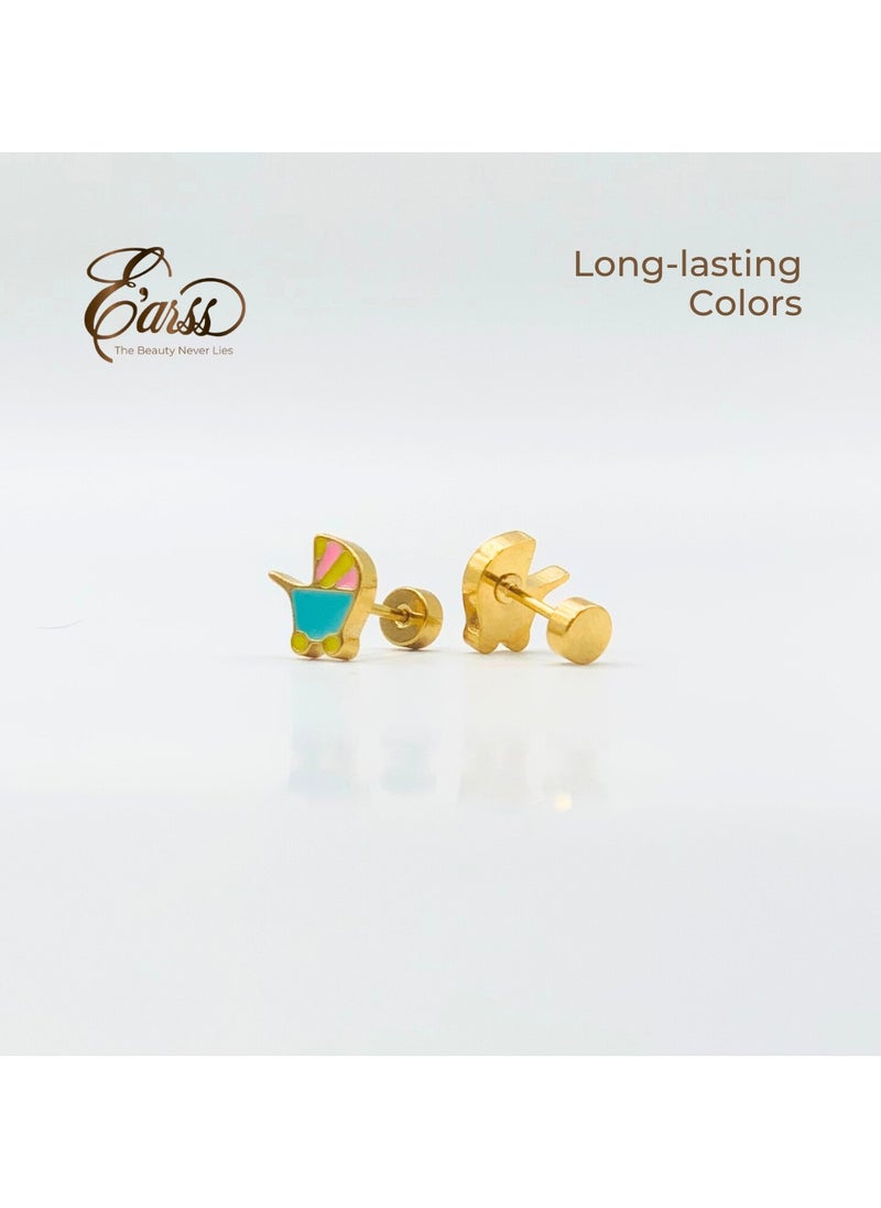 Earss Shopping Cart Stud Earrings For Kids, Gold Plated  - Image 5