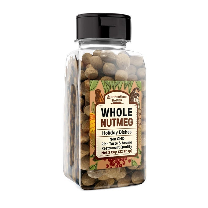 WHOLE NUTMEG 2 CUP REUSABLE PLASTIC SPICE CONTAINER IDEAL FOR EGGNOG HOLIDAY DISHES BAKED GOODS SWEET SAVORY DISHES