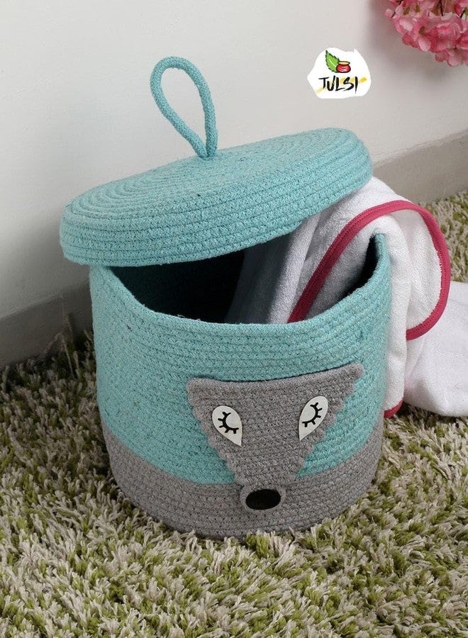 Rosslyn Kids Lid Basket with Beautiful Characters - Rope Storage Basket for Baby Diaper, Stuffed Animal Storage Bin Rope Basket for Kids Toy, Baby Laundry Baskets with lid - Blue Foxx - Image 1